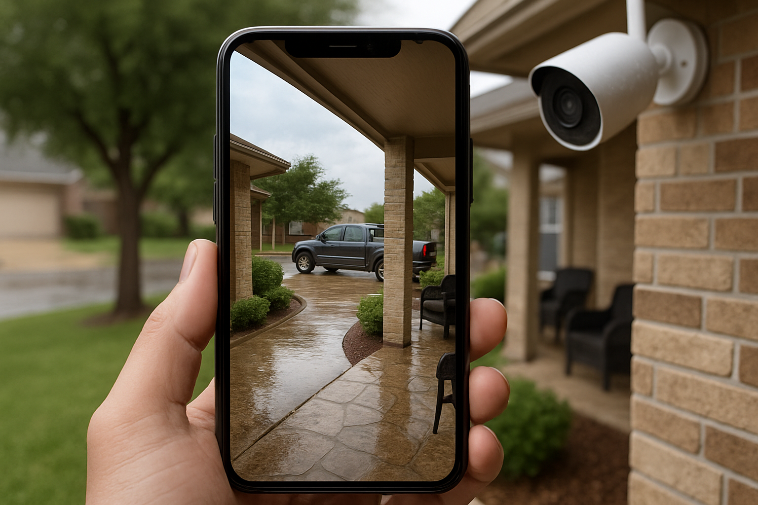 A clear high-definition security camera view on a smartphone showing a Round Rock driveway, front porch, and parked truck after a summer rainstorm, with the real outdoor camera visible in the background under an eave