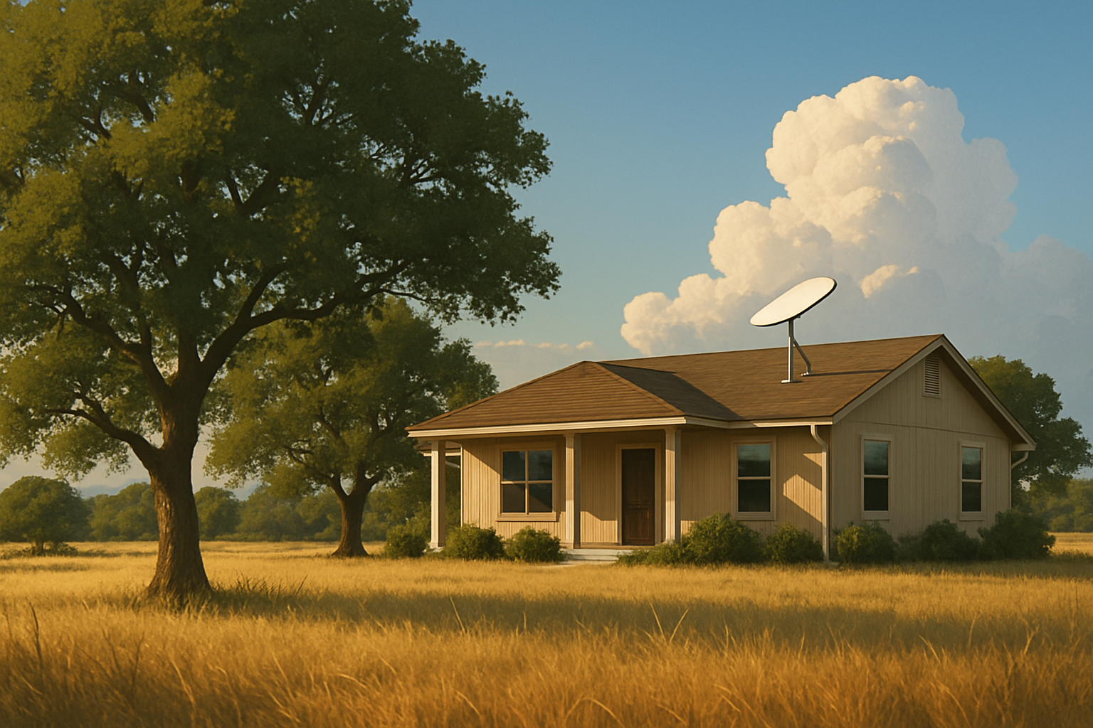 A warm September afternoon in rural Central Texas near Round Rock, showing a single-story ranch home with a Starlink satellite dish mounted with clear sky visibility, golden grass, oak trees, and distant storm clouds building on the horizon