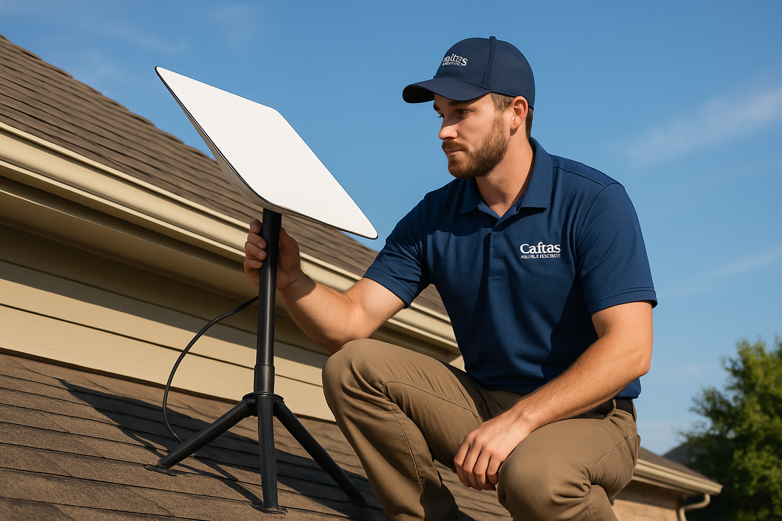 A professional satellite internet technician in a Cellnet Wireless & Satellite branded shirt checking Starlink dish alignment on a suburban Round Rock home roof, with blue sky, late summer sunlight, and neatly routed exterior cable