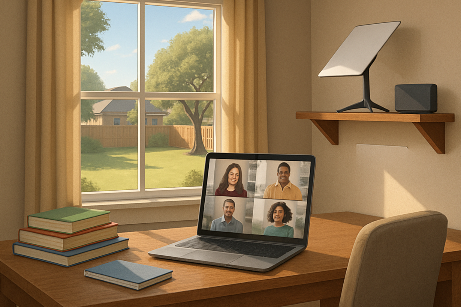 A comfortable Texas home office in September with a laptop on a desk showing a video meeting, school books nearby, a window looking out toward a sunny suburban backyard, and subtle Starlink Wi-Fi equipment placed neatly on a shelf
