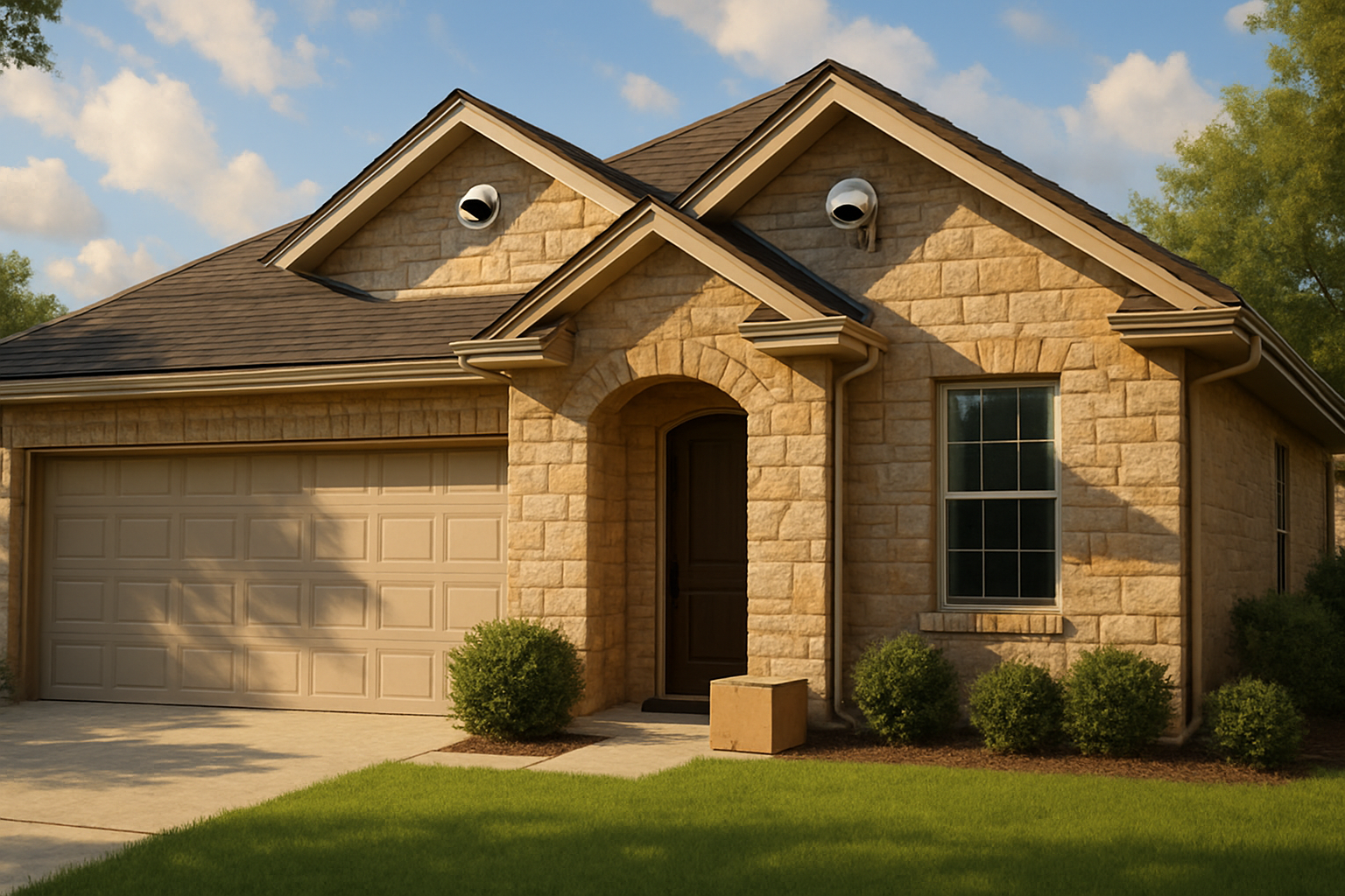 A Round Rock, Texas suburban home exterior in early September with a visible security camera mounted under the roofline, warm late-afternoon sunlight, green lawn, partly cloudy sky, and a delivery package near the front door
