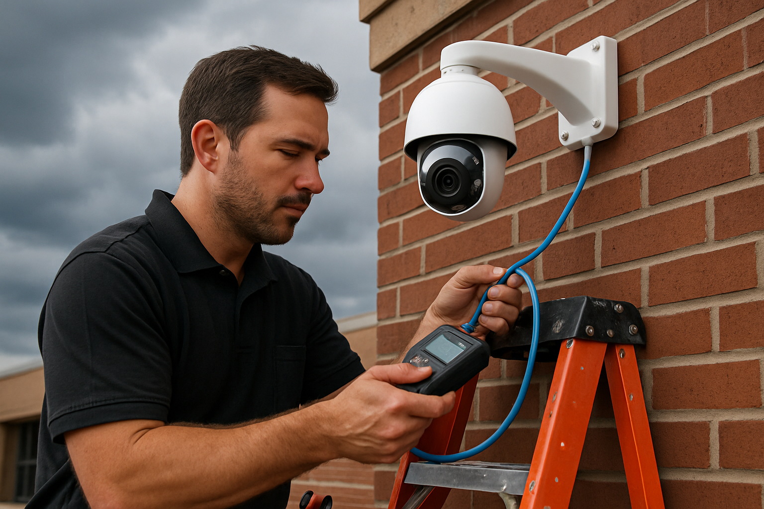 A close-up of a technician testing an outdoor security camera connection on a brick commercial building in Round Rock, Texas, with tools, a ladder, network cable, and cloudy September storm skies in the background