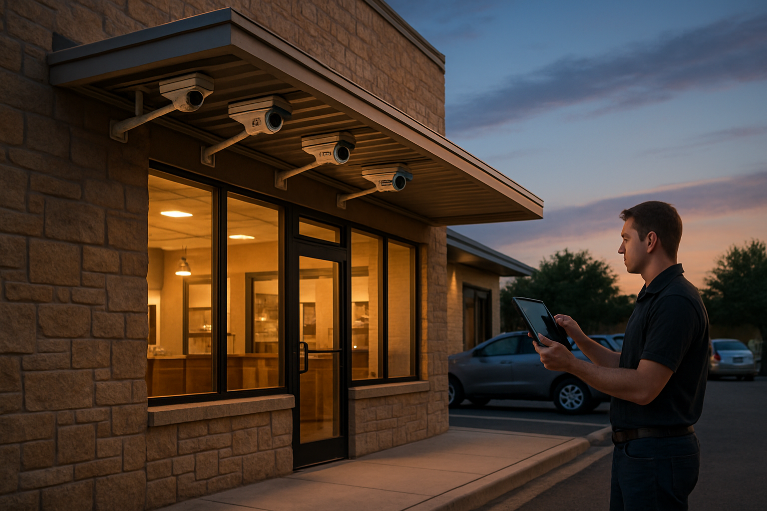 A Round Rock, Texas small business storefront at dusk with multiple security cameras under the awning, warm interior lights, a few parked cars, clean sidewalks, and a technician checking camera angles on a tablet
