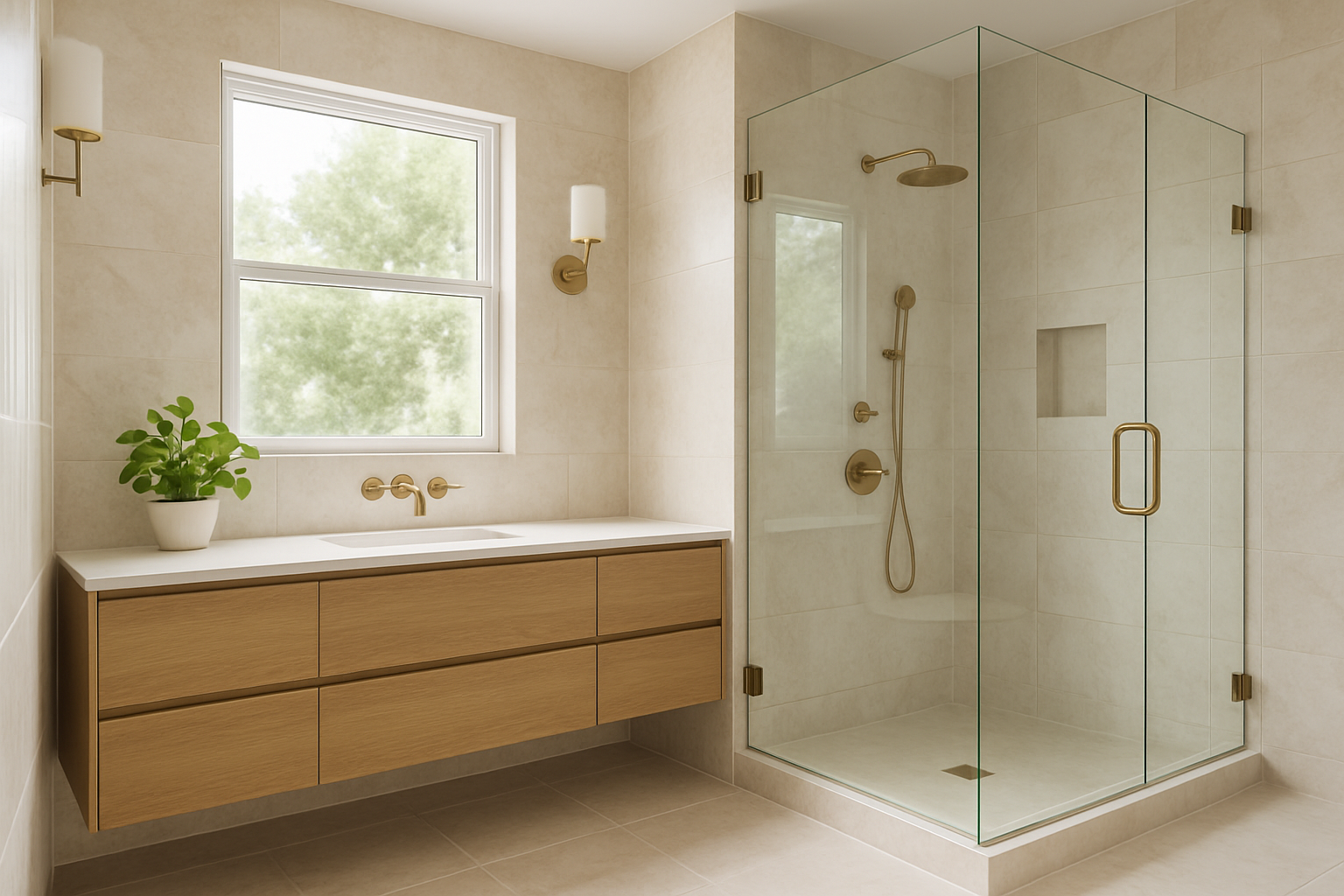 Bright modern Austin bathroom remodel with large-format light stone tile, frameless glass shower, brushed brass fixtures, soft natural daylight, small potted plant, and a calm spa-like atmosphere designed for hot Texas summers