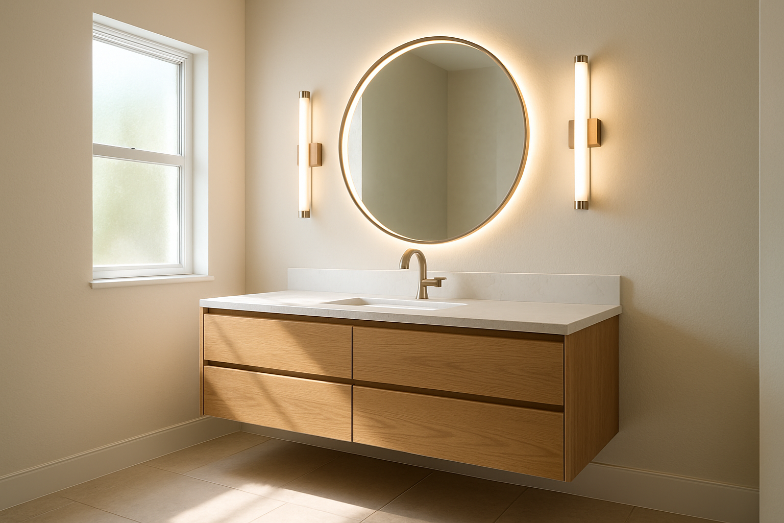 Elegant Austin bathroom vanity area with floating white oak cabinet, quartz countertop, round backlit mirror, modern LED sconces, brushed nickel faucet, light tile flooring, and summer sunlight filtering through a frosted window