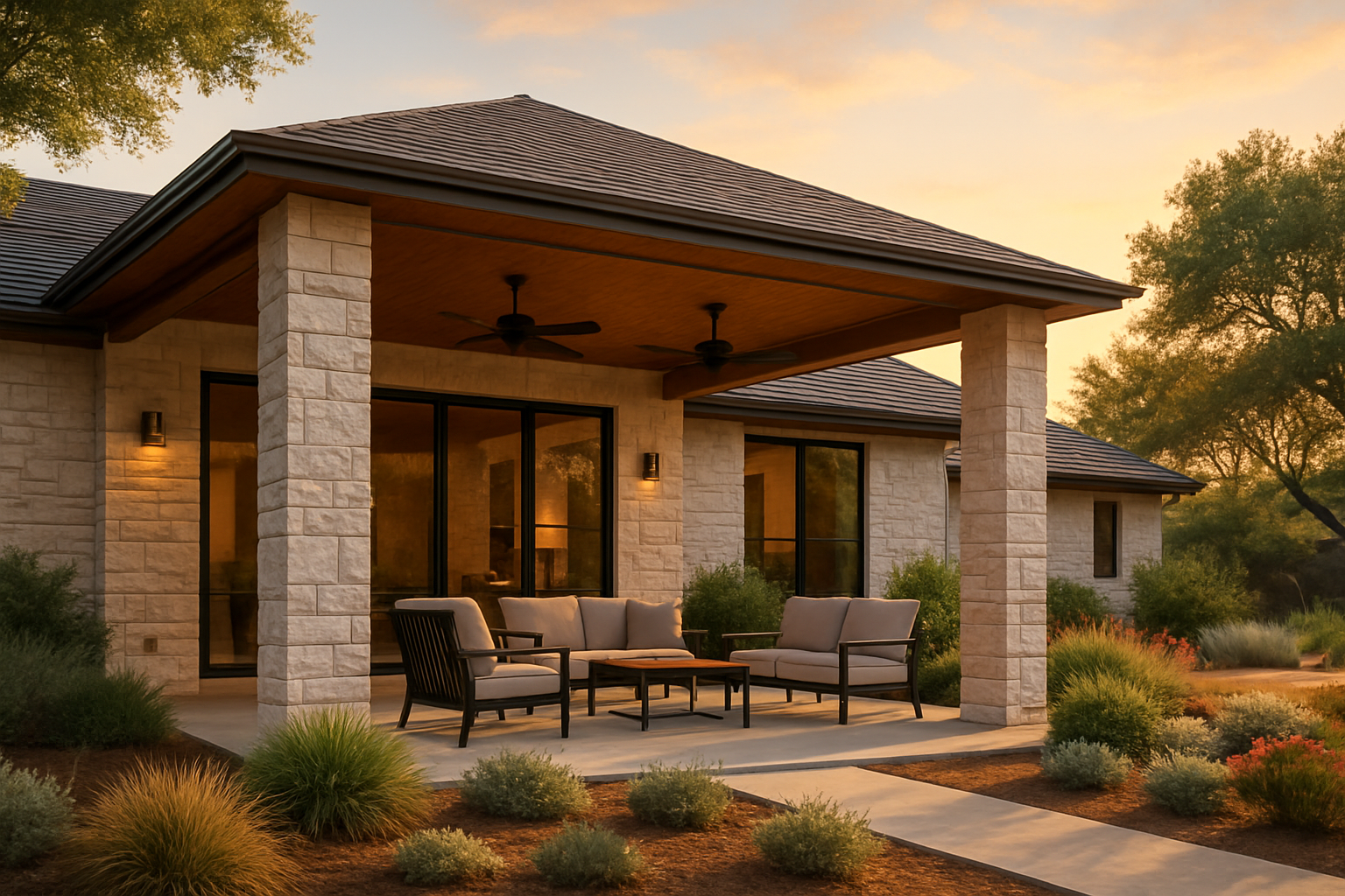 A luxury Austin backyard patio in August with a modern covered porch, limestone columns, ceiling fans, shaded outdoor seating, native Texas landscaping, and warm evening light over a contemporary Hill Country style home
