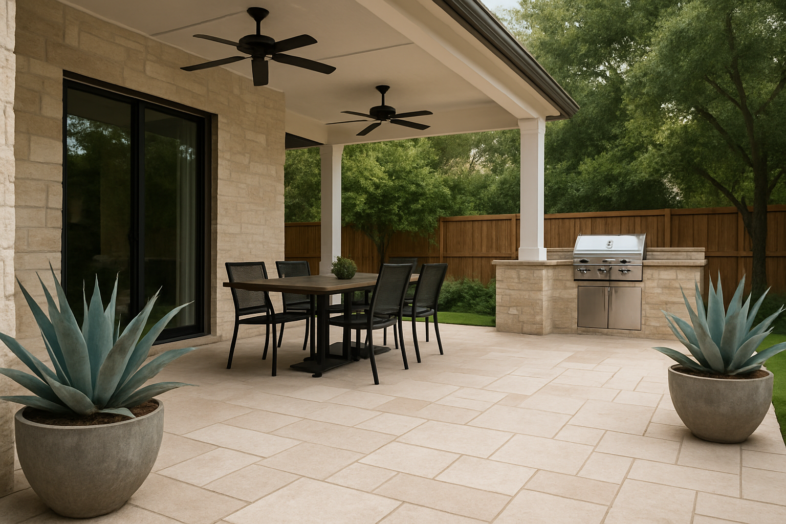 Close-up of a stylish Austin patio design featuring light limestone pavers, a shaded outdoor dining area, ceiling fans, potted agave plants, and a built-in grill station under a covered porch