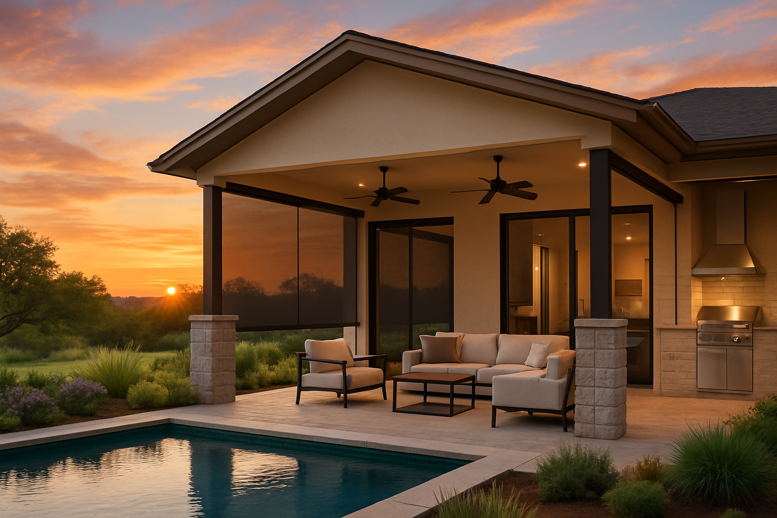 Elegant outdoor living space at an Austin home with a covered porch, outdoor kitchen, motorized privacy screens, ceiling fans, lounge furniture, and a swimming pool surrounded by native Texas plants at sunset
