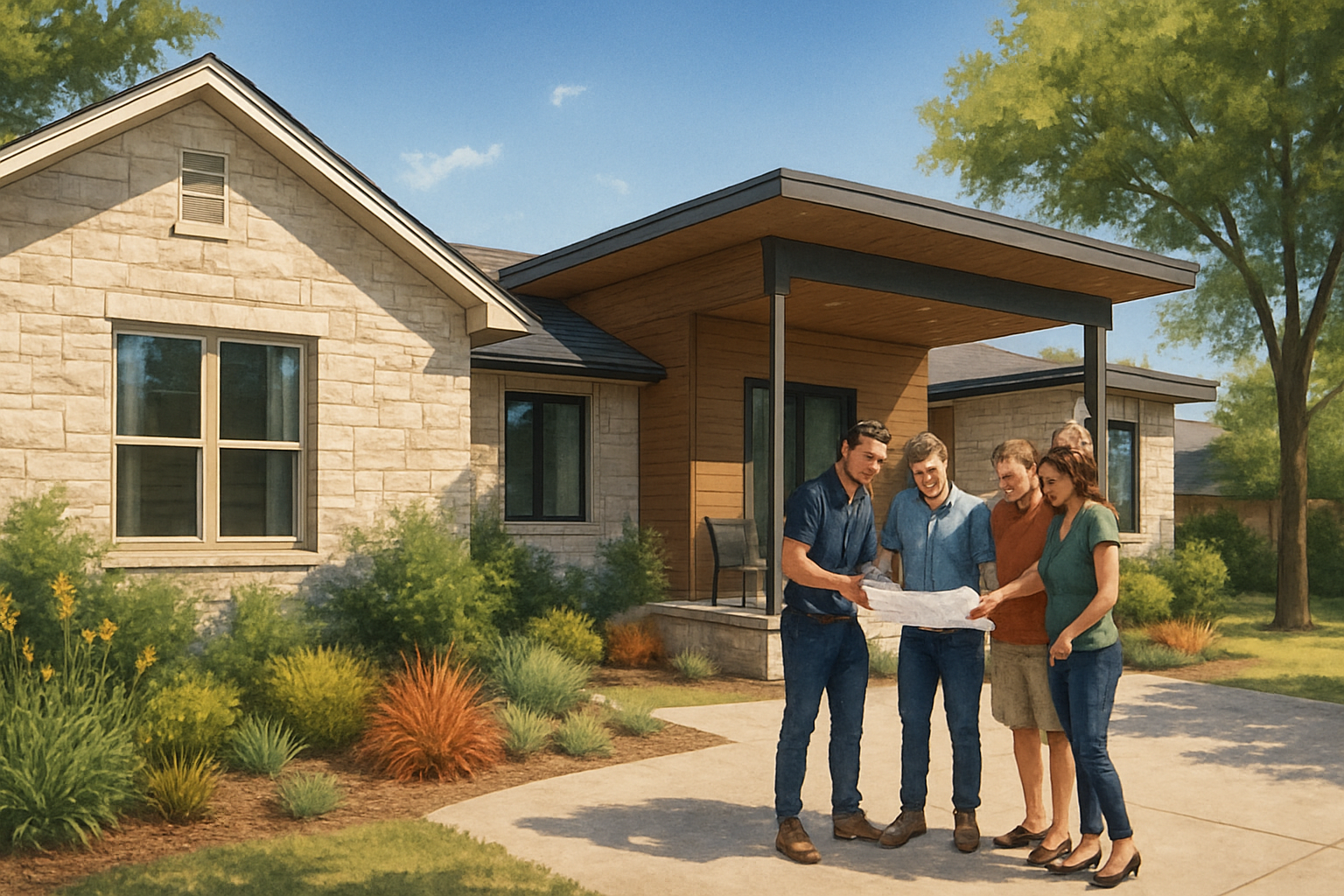 A bright late-summer Austin, Texas home exterior with a modern home addition concept, native landscaping, limestone accents, shaded patio, blue sky, strong afternoon sunlight, and a design-build team reviewing plans with homeowners in the driveway