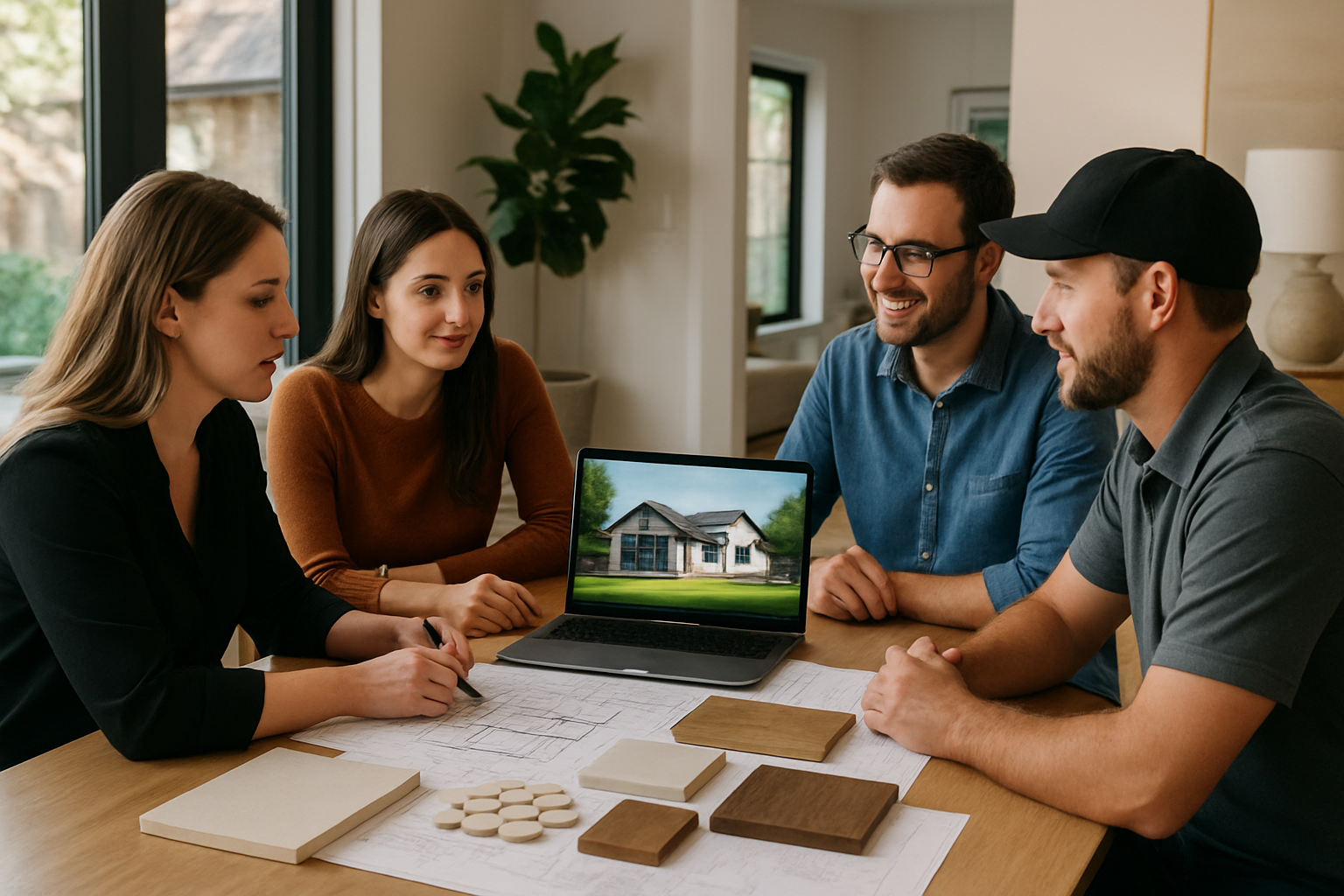 Professional Austin design-build team meeting with homeowners at a dining table covered with architectural drawings, material samples, tile, wood finishes, and a laptop showing a 3D rendering of a home addition, warm natural light and modern Texas interior
