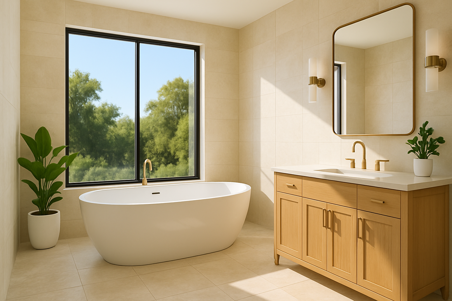 A bright luxury bathroom in an Austin home with large-format limestone-look tile, a freestanding soaking tub beside a picture window, soft natural light, brushed brass fixtures, white oak vanity, greenery, and a clean spa-like atmosphere designed for hot summer weather