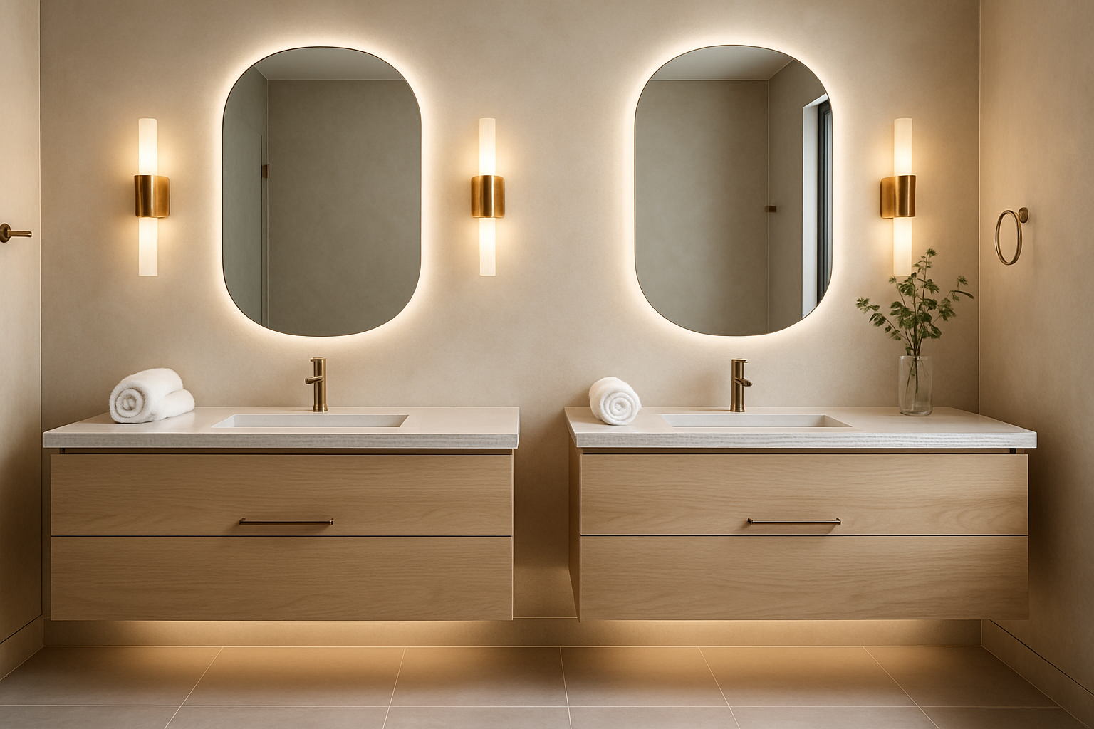 A modern spa bathroom vanity with two floating white oak cabinets, quartz countertops, backlit mirrors, warm wall sconces, under-vanity LED lighting, rolled towels, and subtle champagne bronze hardware in an upscale Austin remodel