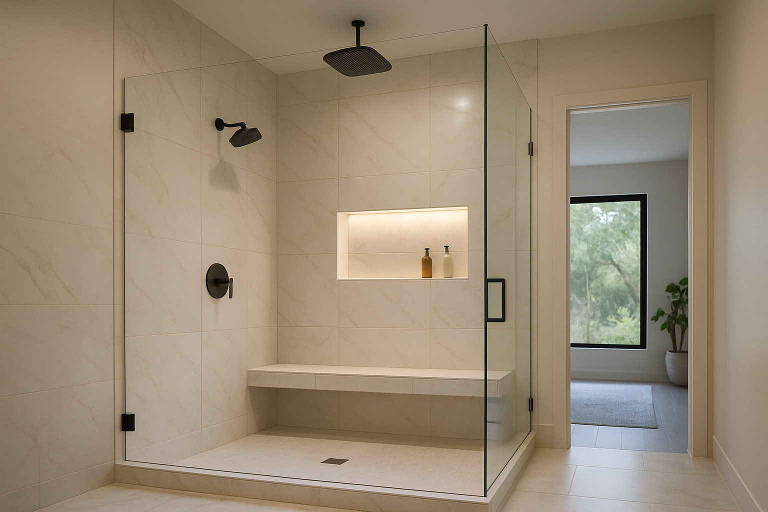 A luxury walk-in shower with frameless glass, curbless entry, built-in bench, rainfall showerhead, recessed shampoo niche with LED accent lighting, large marble-look porcelain tile, and a calm private spa mood suitable for an Austin primary suite