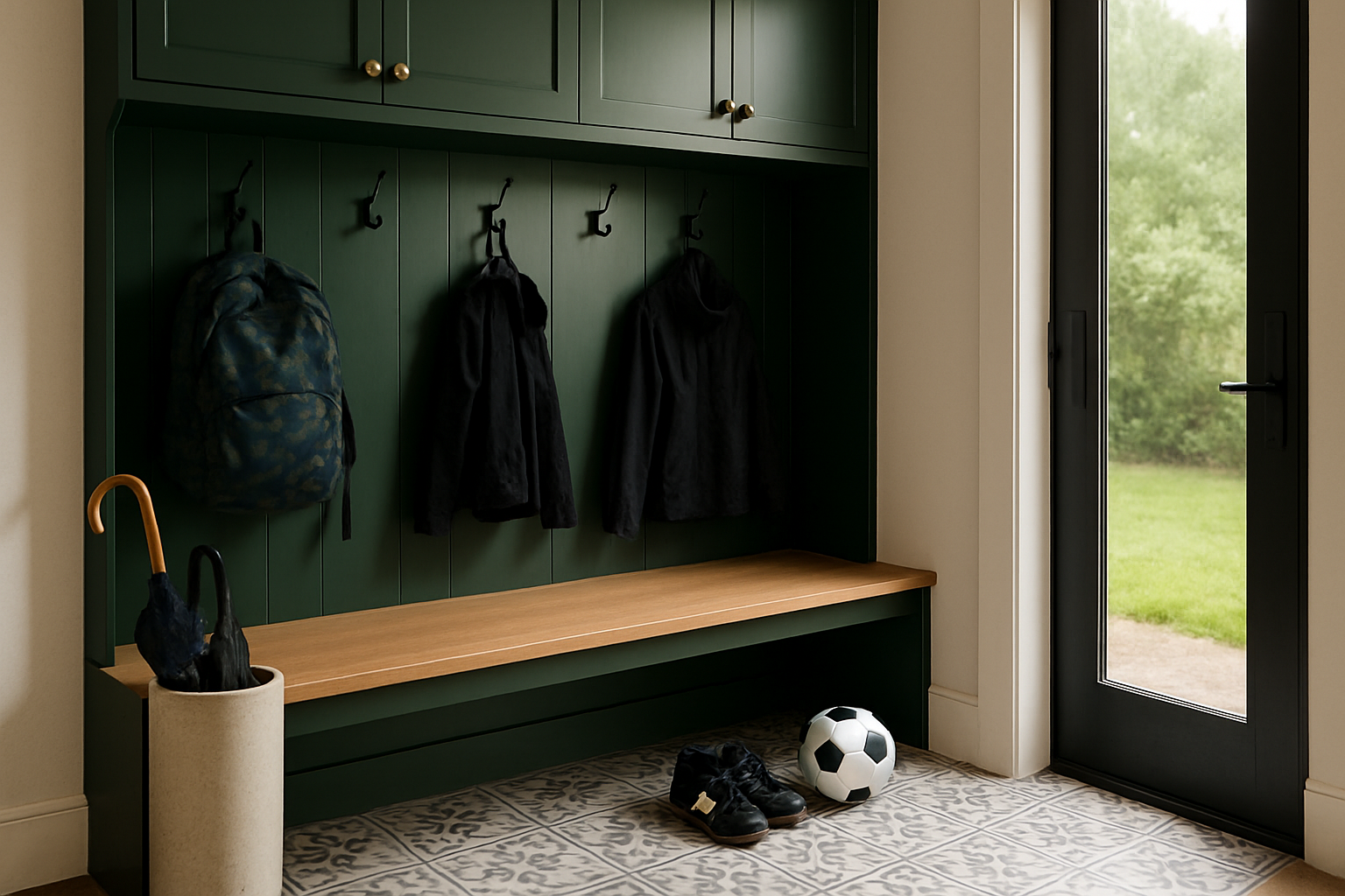A stylish Austin entryway renovation with a narrow built-in bench, deep green cabinetry, black metal hooks, patterned tile floor, umbrellas in a ceramic stand, and kids’ soccer gear neatly stored after a September rain shower