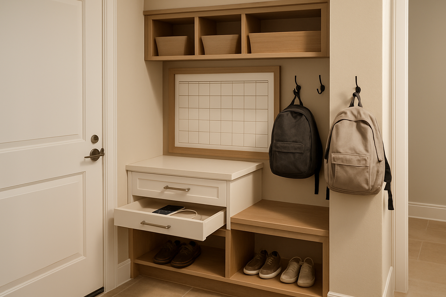 A compact custom family command center near a garage entry in an Austin home, featuring built-in mail slots, a calendar board, phone charging drawer, wood bench, shoe storage, hooks with backpacks, and warm neutral finishes