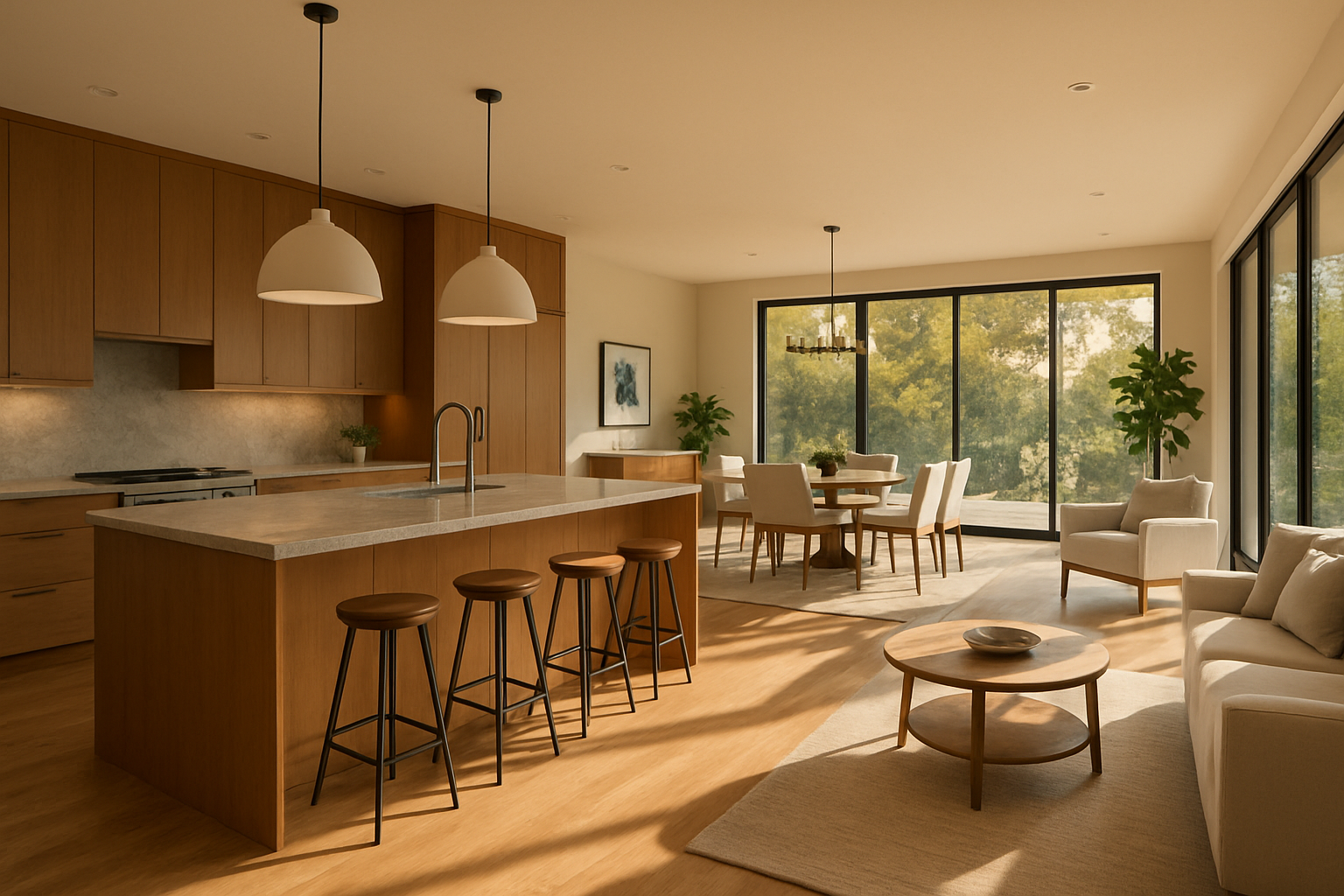 A bright modern open concept Austin home interior in early September, featuring a spacious kitchen with a large island, warm wood cabinetry, natural stone countertops, wide-plank flooring, floor-to-ceiling windows, and soft afternoon Texas sunlight flowing into a connected dining and living area