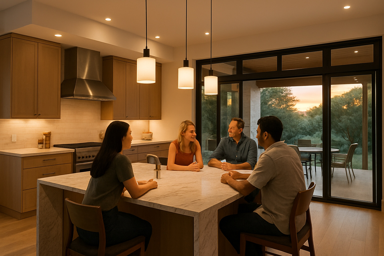 A luxury Austin open concept kitchen during a casual September gathering, with guests seated around a large waterfall-edge island, pendant lighting, neutral modern finishes, glass doors open to a covered patio, and warm evening light creating an inviting indoor-outdoor atmosphere