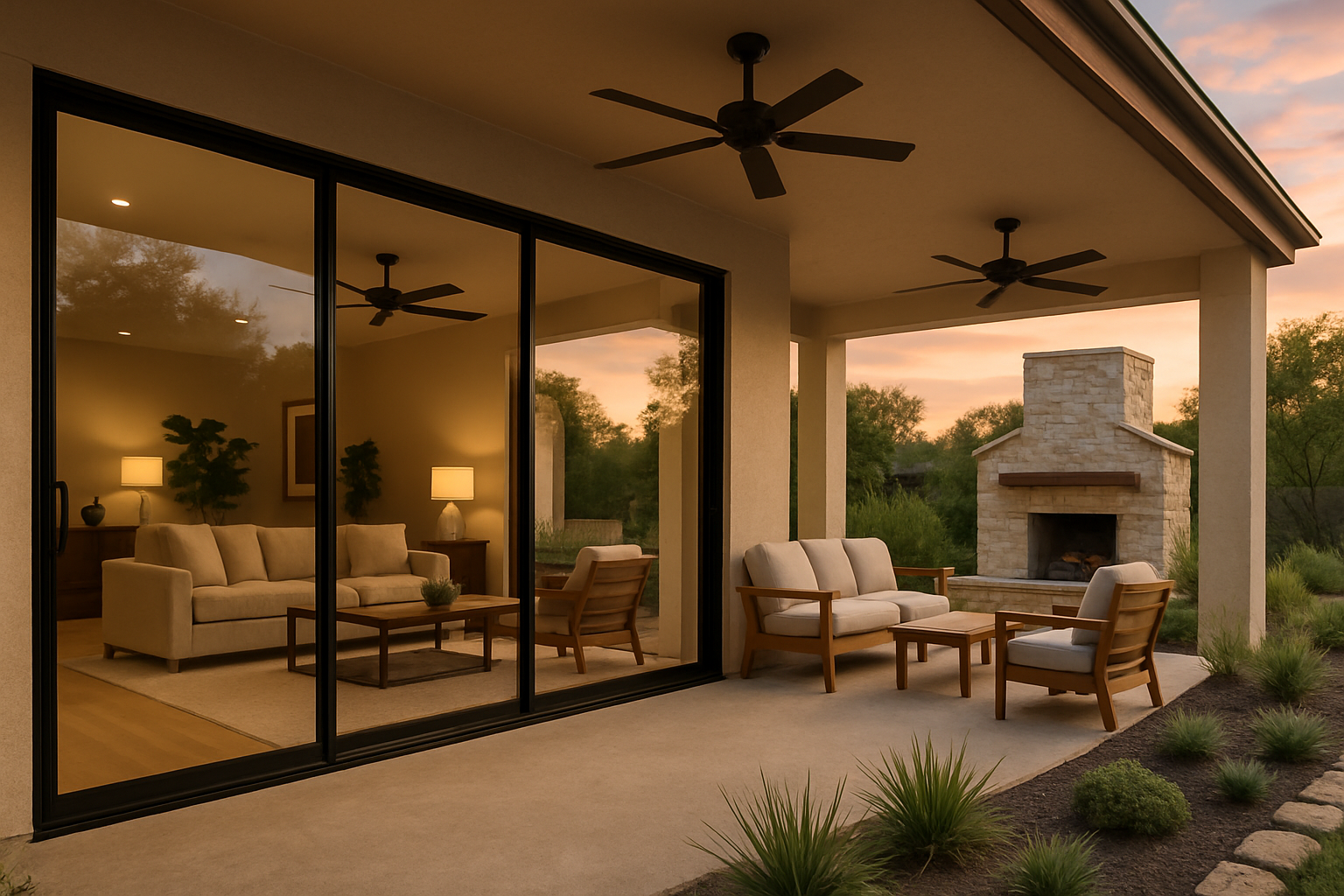 A modern Austin indoor-outdoor living space in September with large sliding glass doors connecting an open living room to a covered patio, limestone outdoor fireplace, ceiling fans, native Texas landscaping, comfortable lounge seating, and a soft sunset sky