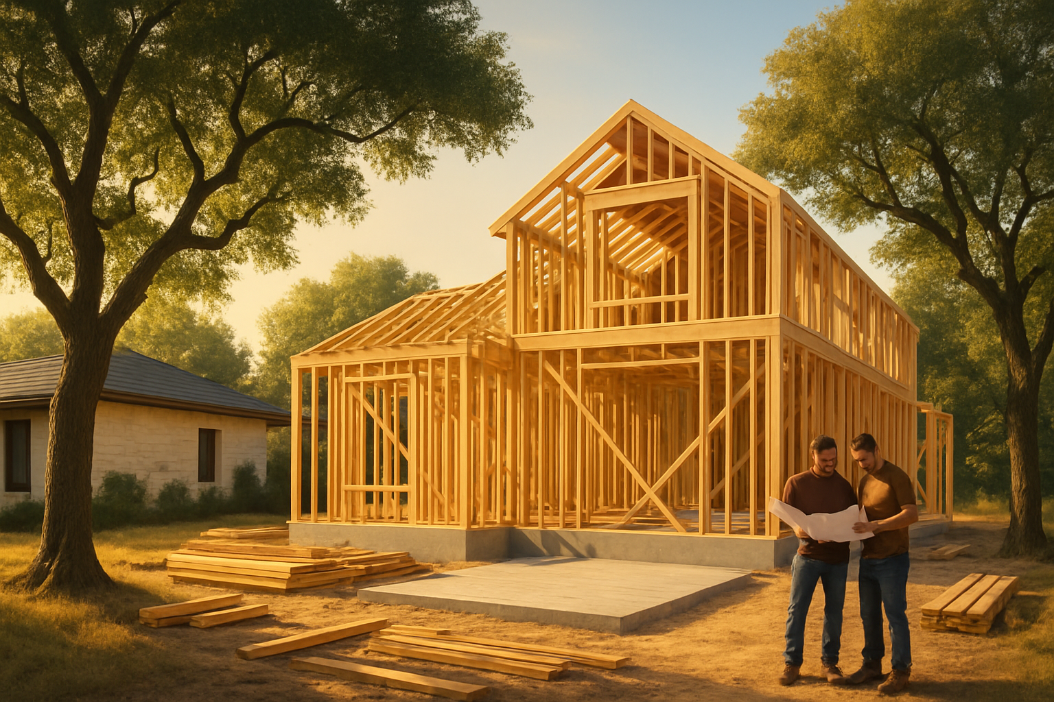 A warm September morning in Austin, Texas, showing a modern custom home construction site with framing underway, golden sunlight, mature live oak trees, limestone accents, clear blue sky, and workers reviewing plans near the foundation