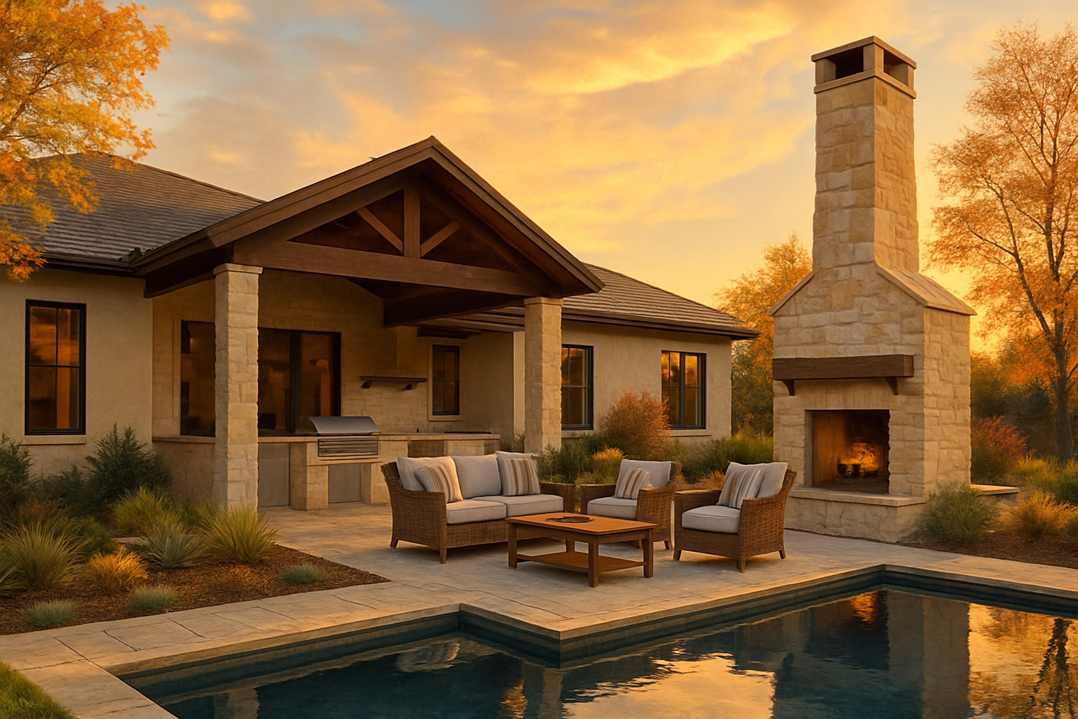 A luxury Austin custom home backyard in early fall with a covered patio, outdoor kitchen, limestone fireplace, pool reflecting the sunset, native Texas landscaping, comfortable seating, and warm evening light
