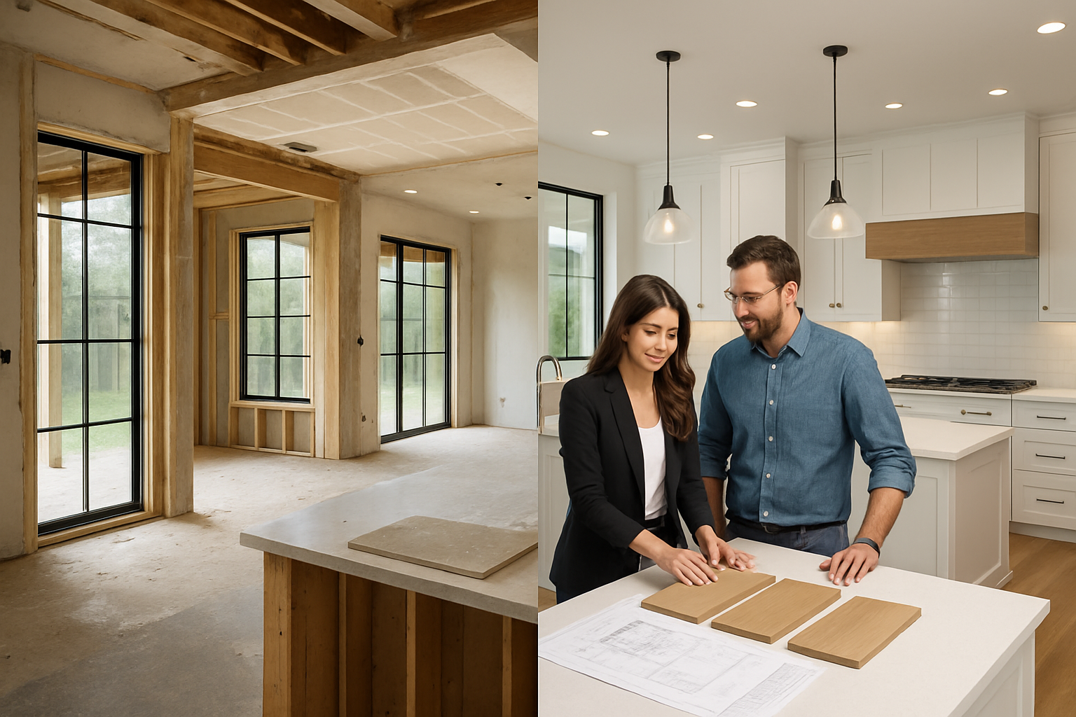 Interior of a sophisticated Austin custom home under construction transitioning into finished design, with large windows, natural light, white oak flooring samples, architectural plans on a kitchen island, designer and homeowner discussing finishes