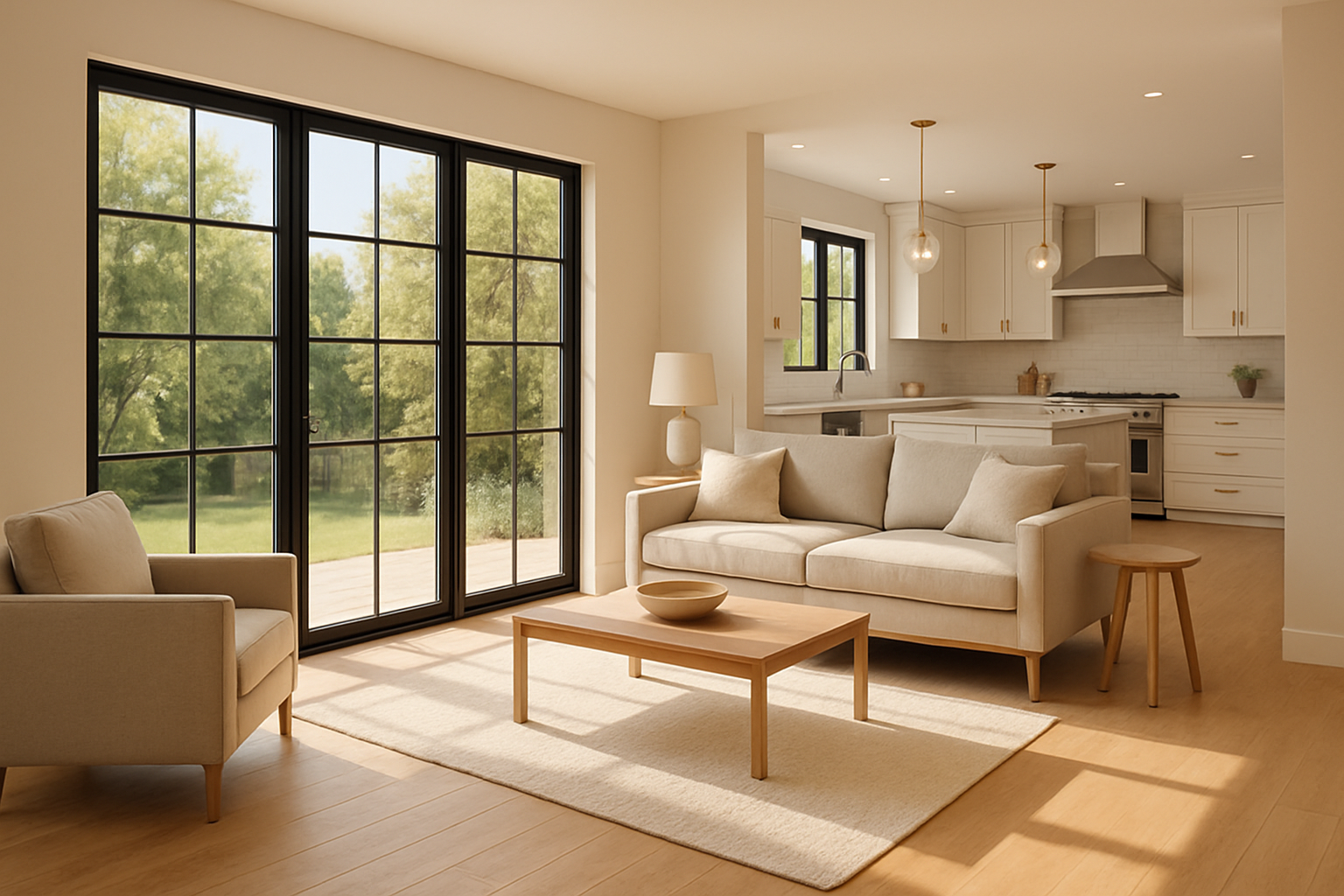 Bright remodeled Austin living room in September sunlight with large black-framed windows, light oak flooring, soft white walls, neutral furniture, and an open view into a modern kitchen