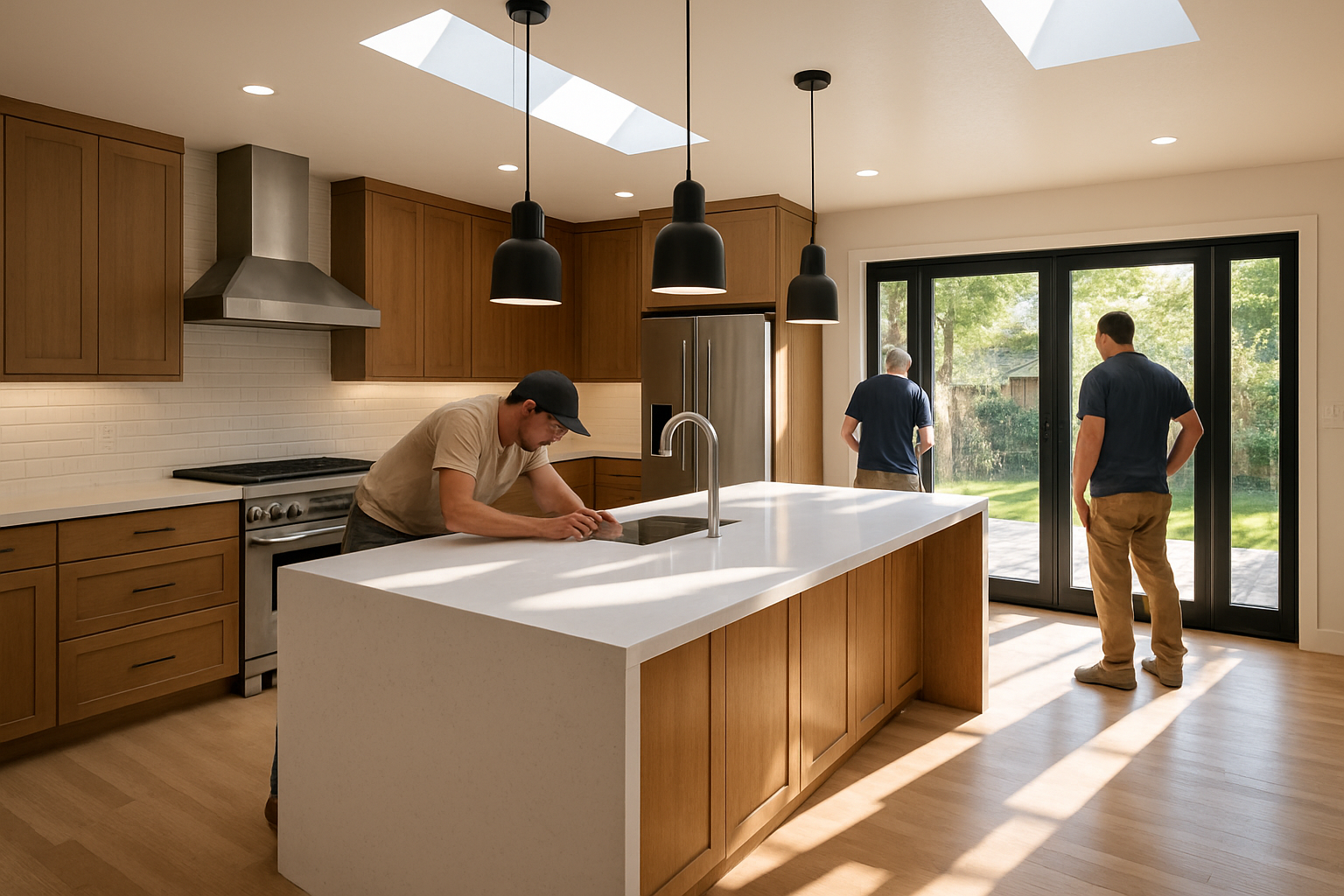 Modern Austin kitchen remodel with oversized island, white quartz countertops, warm wood cabinets, skylights, pendant lighting, and sunlight streaming through new glass patio doors