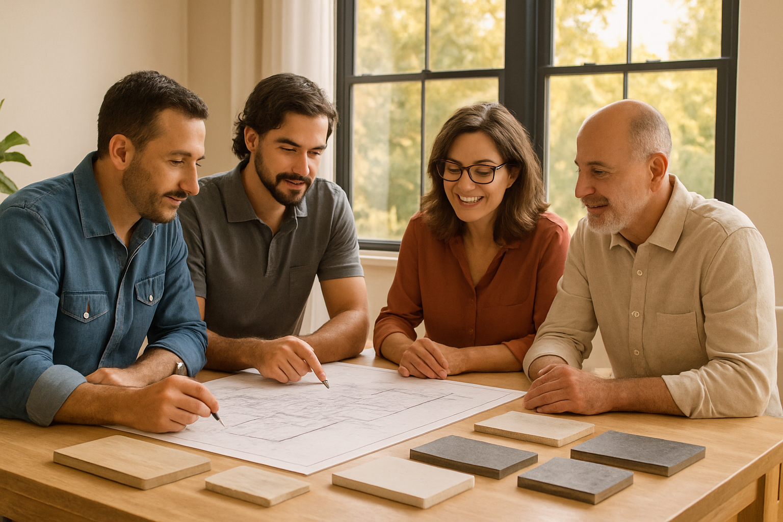Austin design-build team reviewing remodeling plans with homeowners at a bright dining table, material samples spread out, large windows in background, warm September daylight