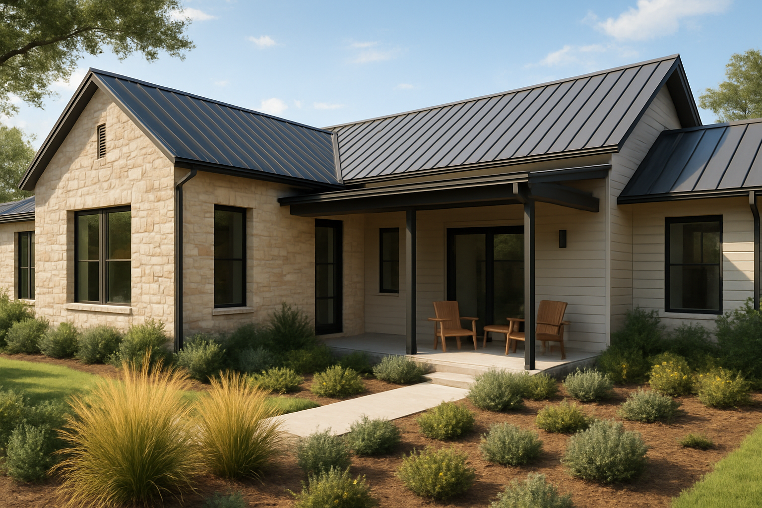 A modern Austin Texas home exterior in early September sunlight, featuring limestone accents, fiber cement siding, metal roofing details, native landscaping, and a covered patio designed for heat and sudden rain
