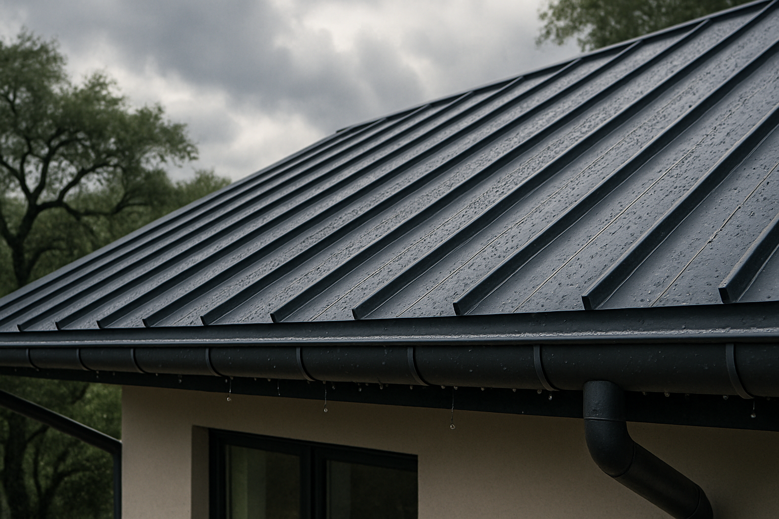 Close-up of a durable standing seam metal roof and properly installed gutters on a contemporary Austin home after a September rainstorm, with water droplets, cloudy sky, and oak trees in the background