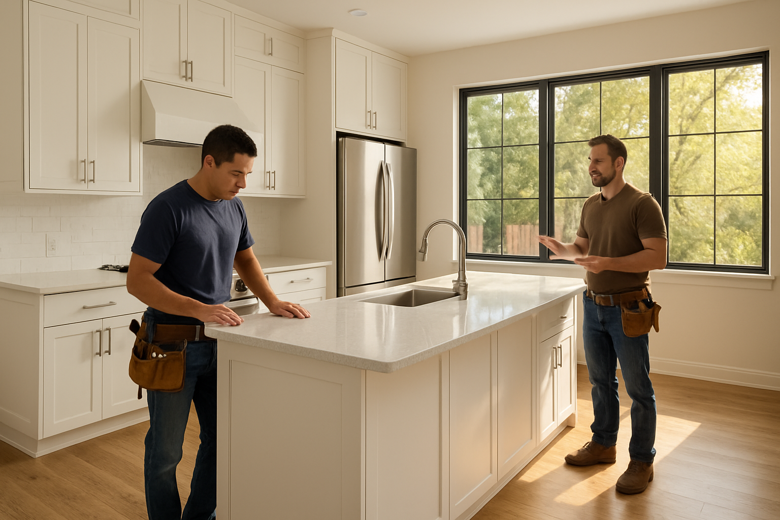 Bright modern Austin kitchen remodel with quartz countertops, engineered wood flooring, custom cabinetry, large energy-efficient windows, and warm September afternoon light coming through the room