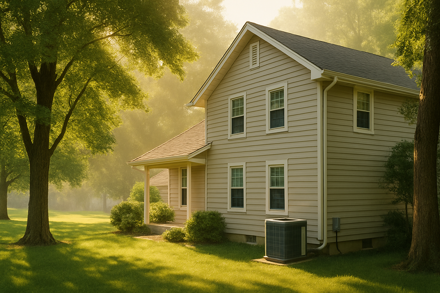 A warm August afternoon in Dakota, Minnesota, showing a family home with green lawn, mature trees, and an outdoor central air conditioning condenser beside the house, sunlight filtering through humid summer air