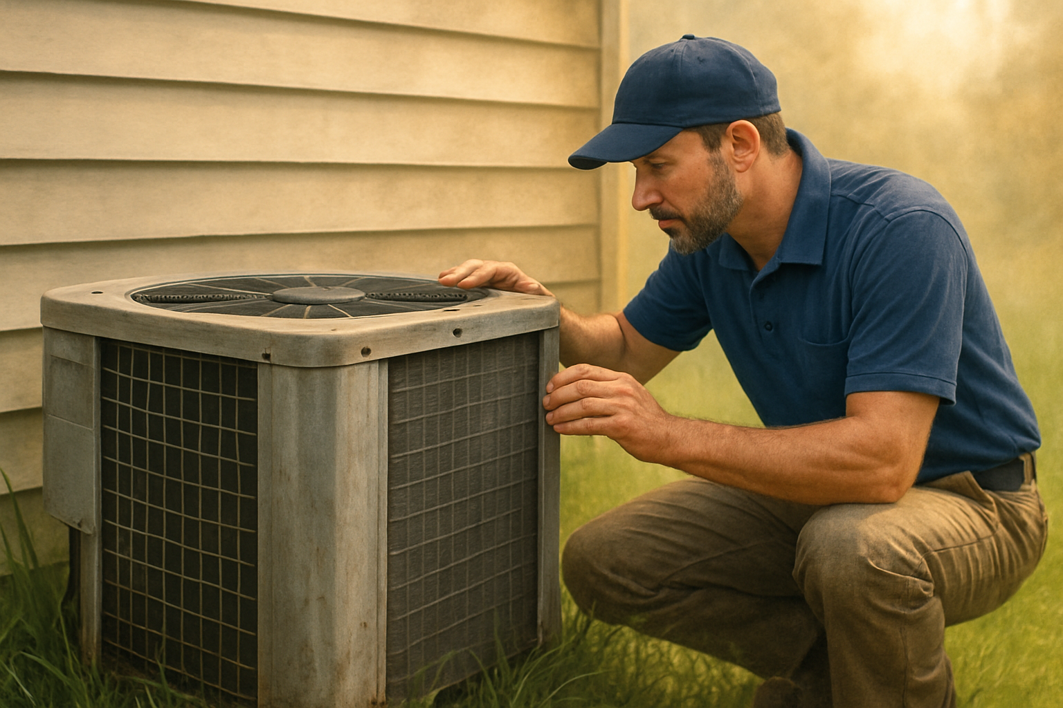 Close-up of an older outdoor air conditioner unit with worn metal panels and grass around the base, with an HVAC technician inspecting the condenser coils on a humid late-summer day in southeastern Minnesota