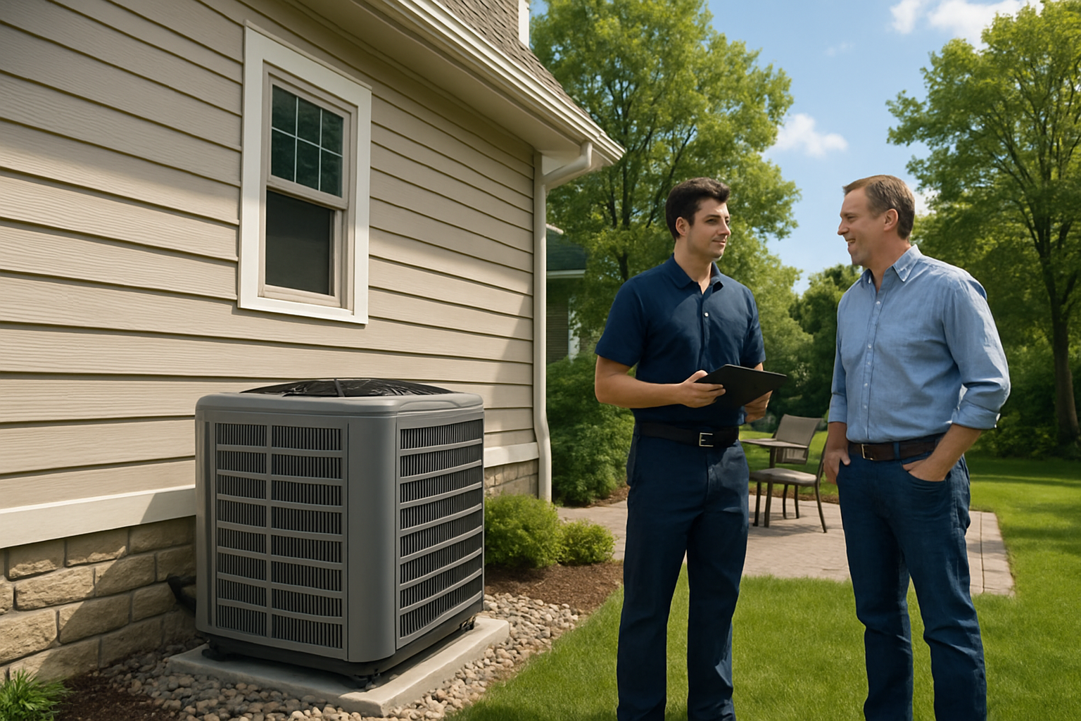 A clean modern air conditioning unit installed beside a well-maintained Minnesota home, with an HVAC technician speaking with a homeowner near the patio, bright late-August sky and leafy trees in the background