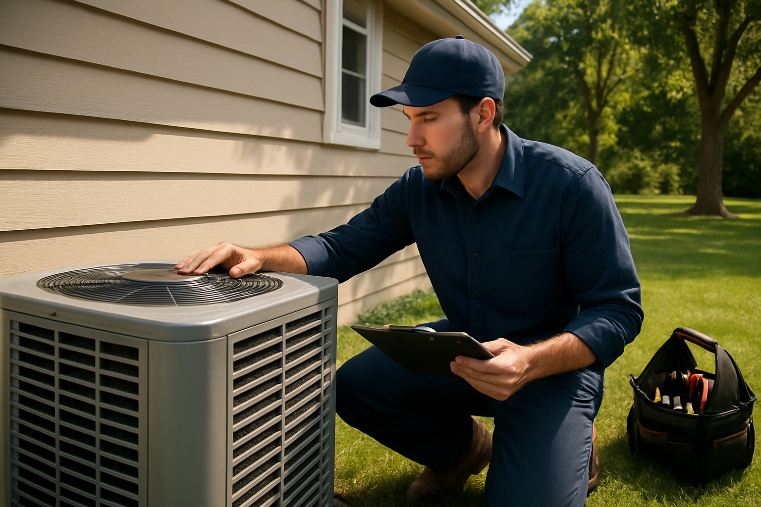 A professional HVAC technician from a local Minnesota heating and air conditioning company inspecting an outdoor heat pump unit beside a well-kept home in Dakota, MN on a sunny August afternoon, with green grass, mature trees, and a tool bag nearby