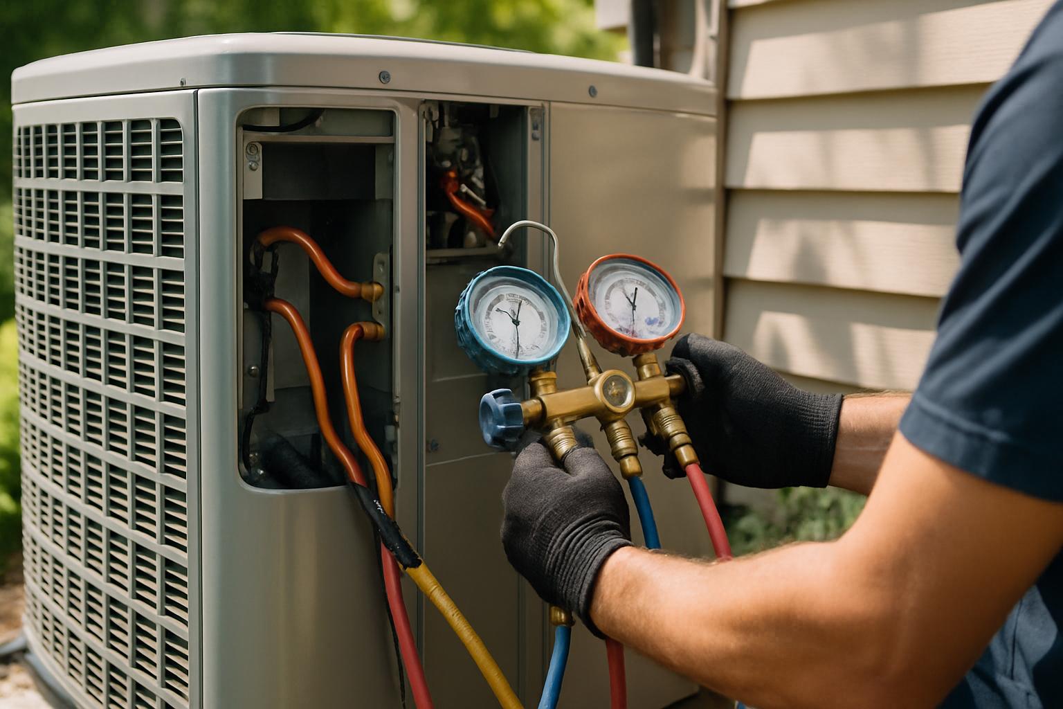 Close-up photographic scene of an outdoor residential heat pump unit with its service panel open, showing clean copper refrigerant lines and diagnostic gauges connected, with an HVAC technician’s gloved hands checking system readings in warm Minnesota summer weather