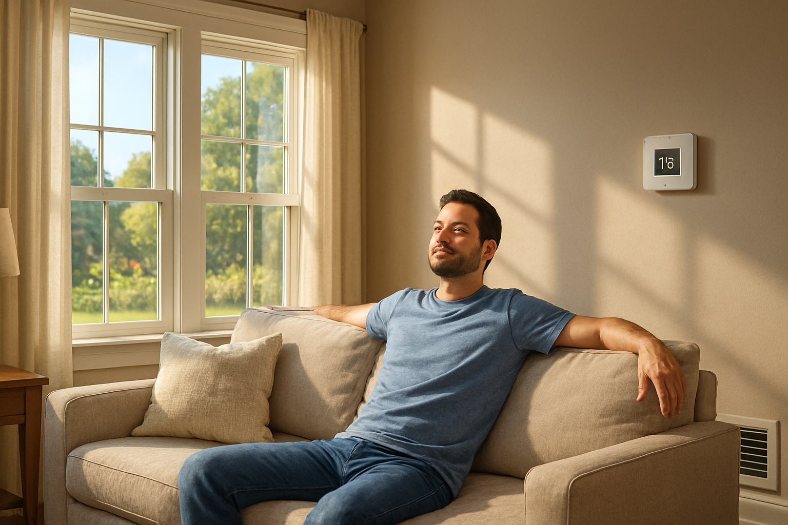 Comfortable family living room in a Dakota, Minnesota home during August, with sunlight through the windows, a digital thermostat on the wall, clean air vents, and a relaxed homeowner enjoying cool indoor comfort