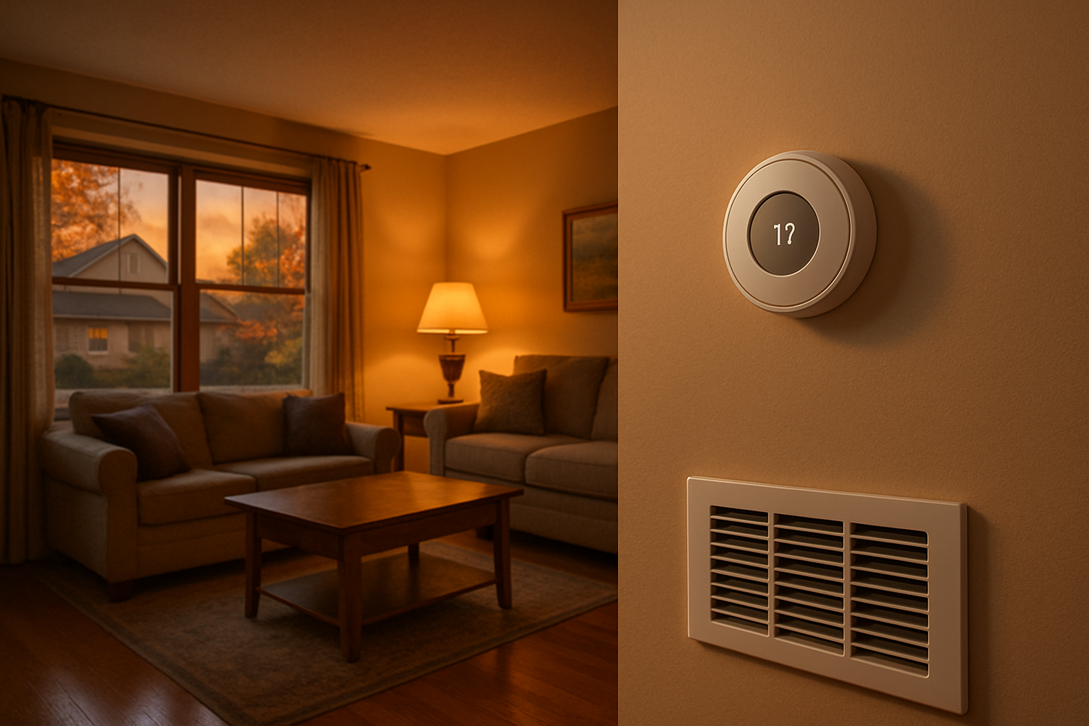 A cozy early September home in Dakota, Minnesota at dusk, with golden fall light, a family room thermostat on the wall, and a furnace vent in the foreground suggesting the first heating cycle of the season