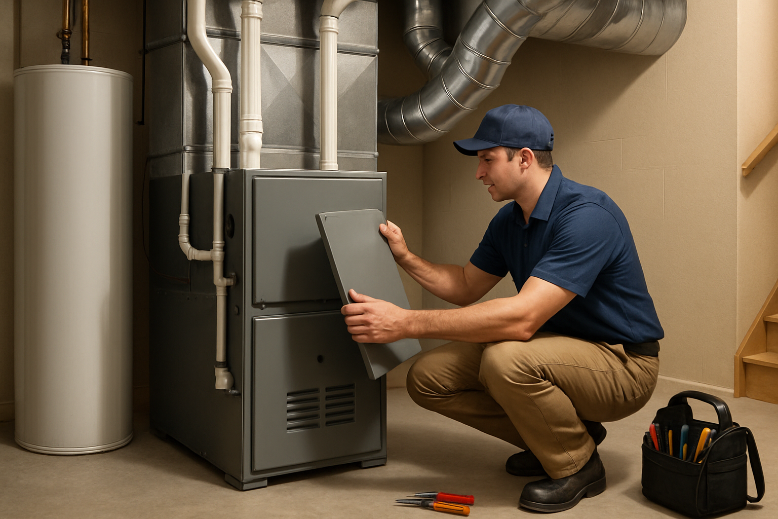 A clean residential furnace room in a Minnesota basement, with an HVAC technician inspecting the furnace access panel and ductwork, tools nearby, warm practical lighting, realistic professional service scene