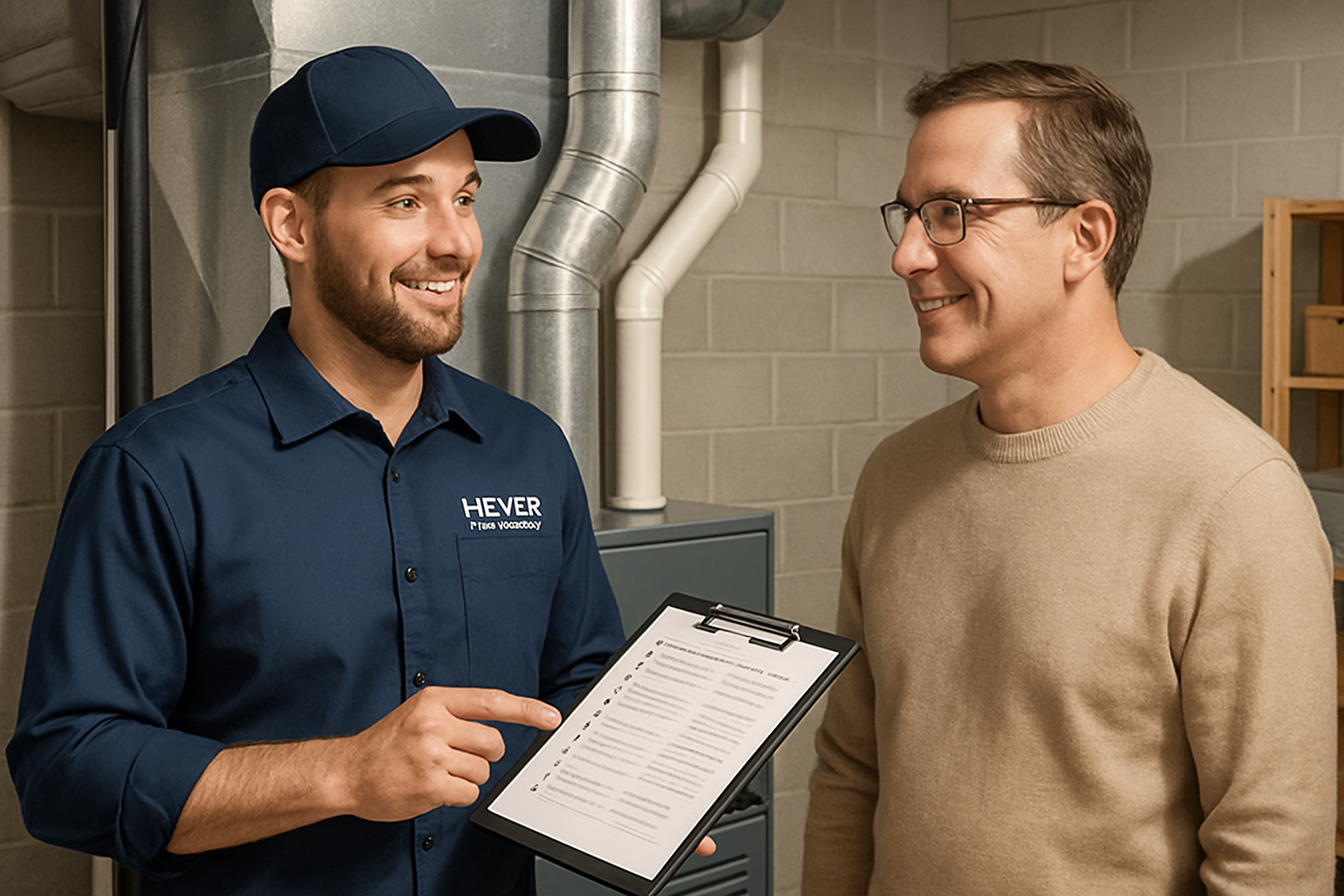 Friendly HVAC technician from Heyer Heating and Air Conditioning speaking with a homeowner near a furnace in a tidy Dakota, MN basement, showing a checklist after a fall maintenance inspection, professional and trustworthy atmosphere