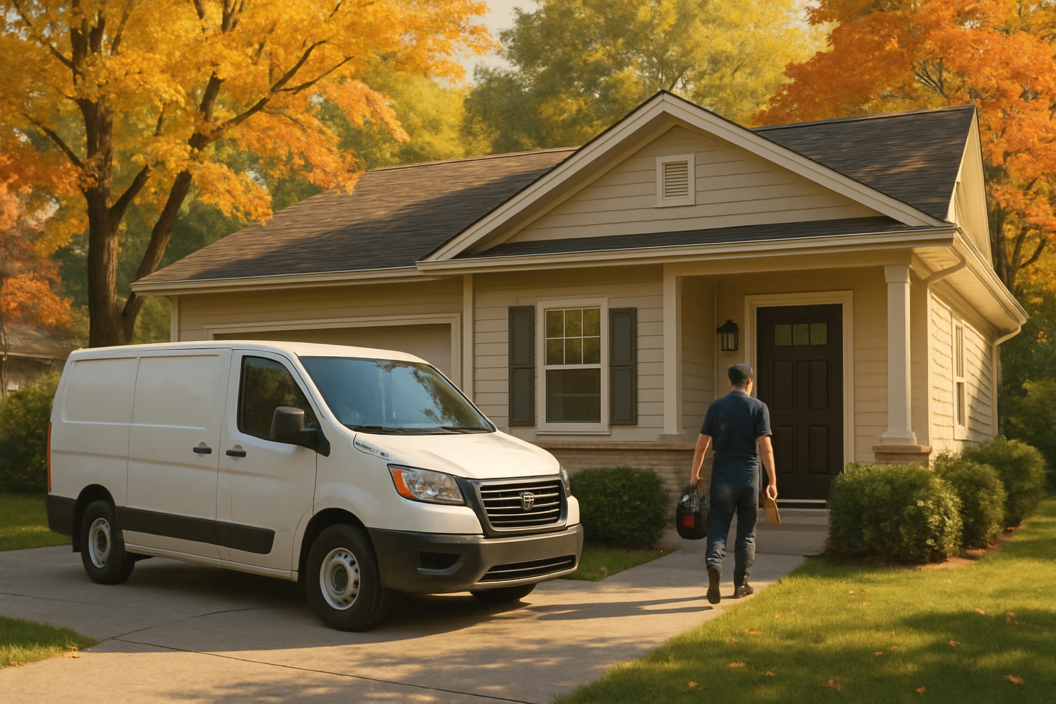A cozy residential home in Dakota, Minnesota in early September, with golden late-summer sunlight, trees beginning to change color, a clean HVAC service van parked in the driveway, and a technician carrying tools toward the front door