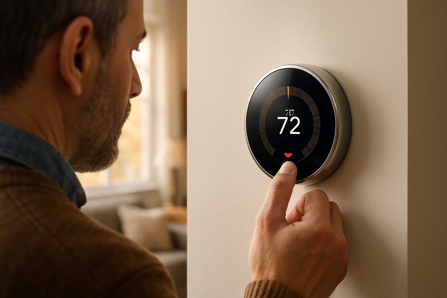 Close-up of a homeowner adjusting a modern smart thermostat on a wall, with the display set to heat mode, soft autumn light through a nearby window, and a blurred living room with warm neutral decor in the background