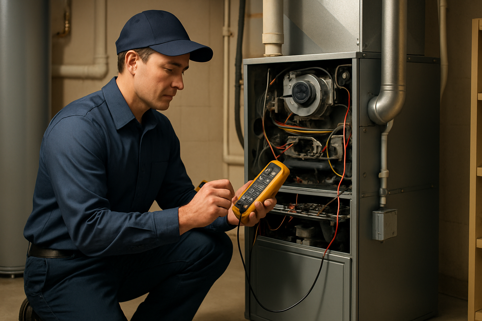 Professional HVAC technician in a clean uniform performing a furnace tune-up in a tidy residential basement utility room, using diagnostic tools, with furnace panels open and warm work lighting creating a professional service atmosphere