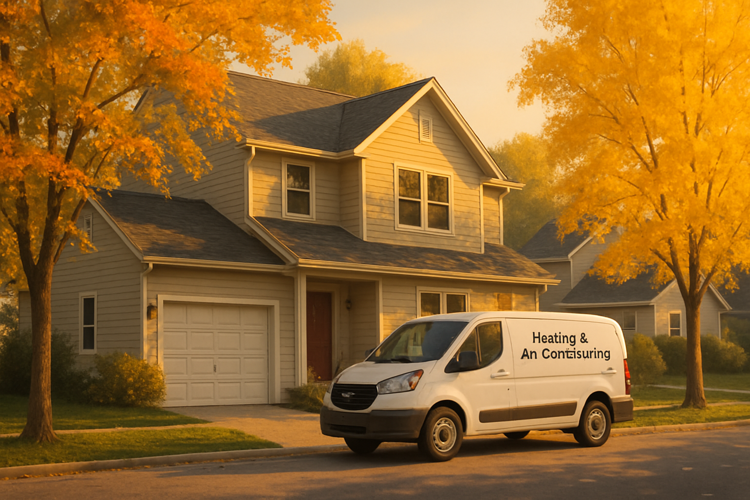 A cozy residential home in Dakota, Minnesota in early September, with golden evening light, changing leaves, a quiet neighborhood street, and a service van for a local heating and air conditioning company parked in the driveway