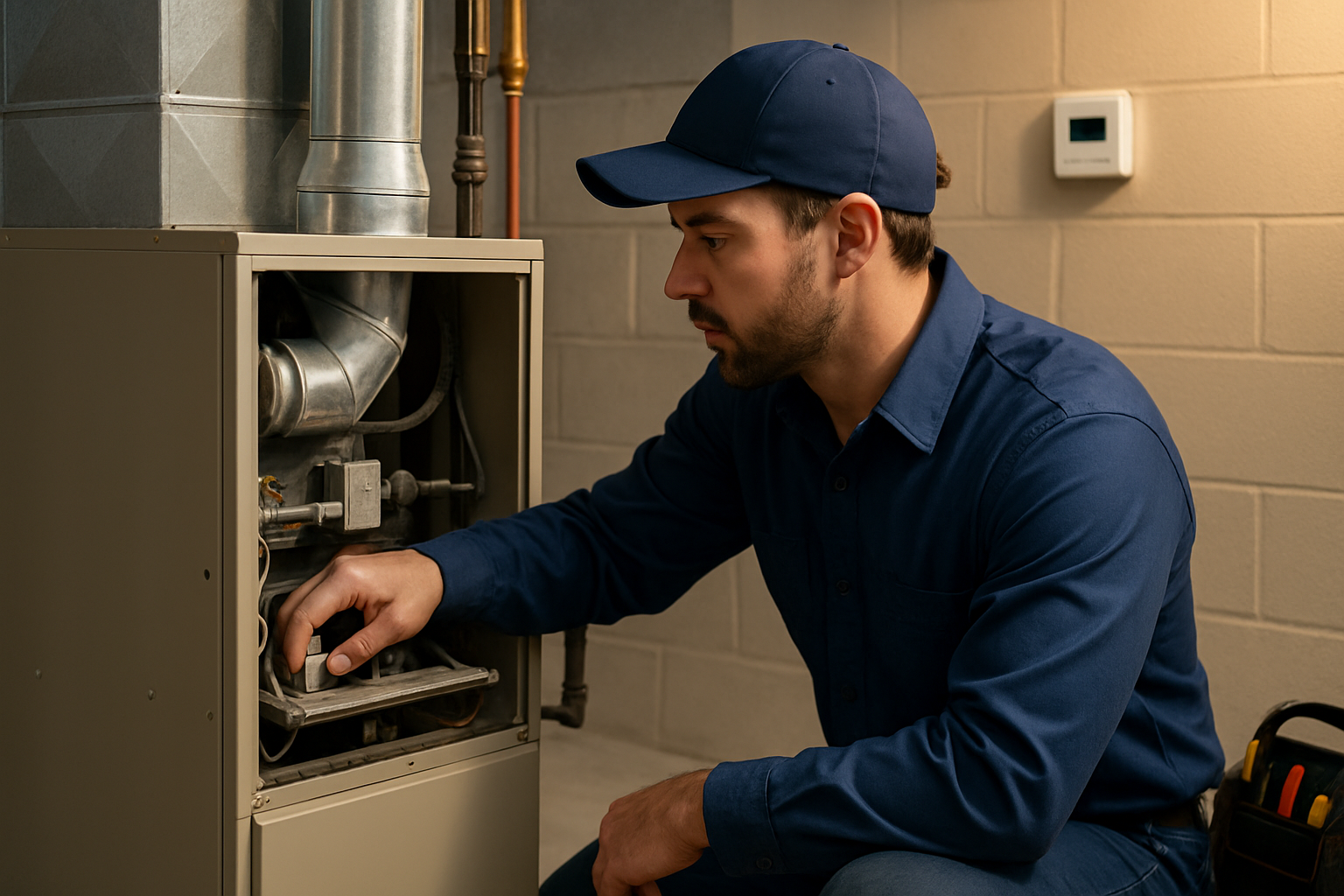 Close-up of a professional HVAC technician inspecting an older gas furnace in a clean basement utility room, with tools nearby, warm work lighting, and a thermostat visible on the wall