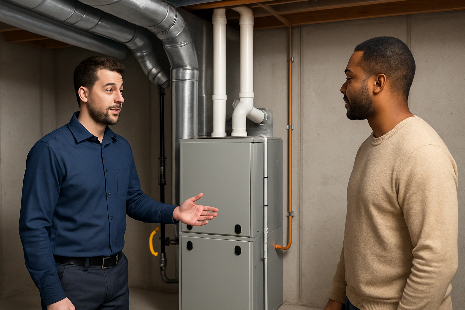 A newly installed high-efficiency furnace in a neat Minnesota home basement, with clean ductwork, labeled gas and electrical connections, and a friendly HVAC technician explaining the system to a homeowner