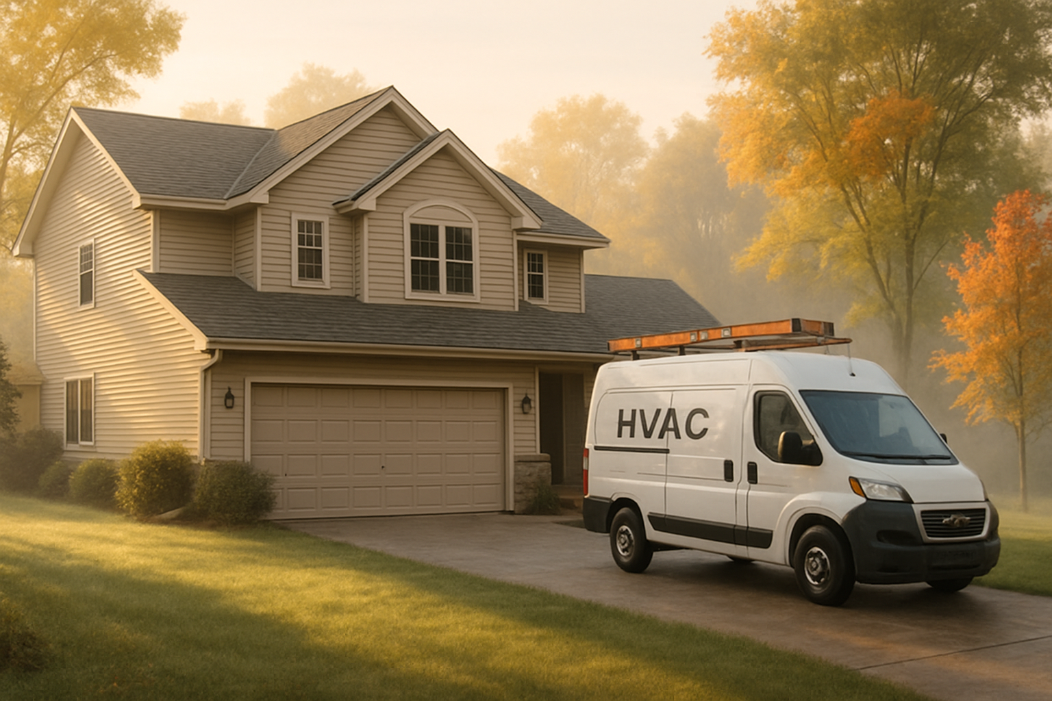 A cozy Minnesota home in Dakota during early September, with golden morning sunlight, light fog over the yard, trees just beginning to change color, and an HVAC service van parked in the driveway