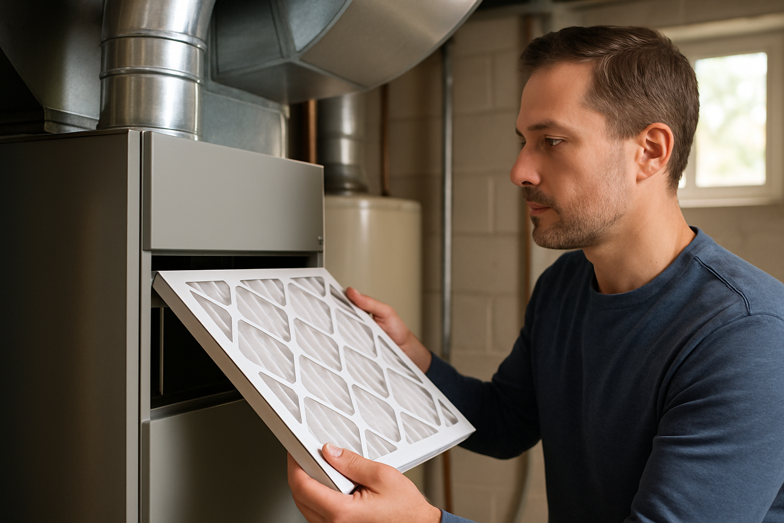 Close-up of a homeowner replacing a pleated HVAC air filter in a basement utility room, with furnace equipment, ductwork, and soft natural light coming through a small window