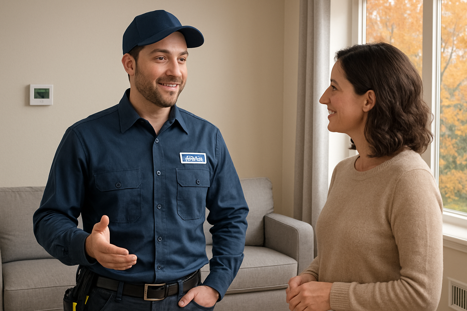Friendly HVAC technician from Heyer Heating and Air Conditioning speaking with a homeowner inside a clean Minnesota living room, with a wall thermostat, floor vent, and autumn trees visible through the window