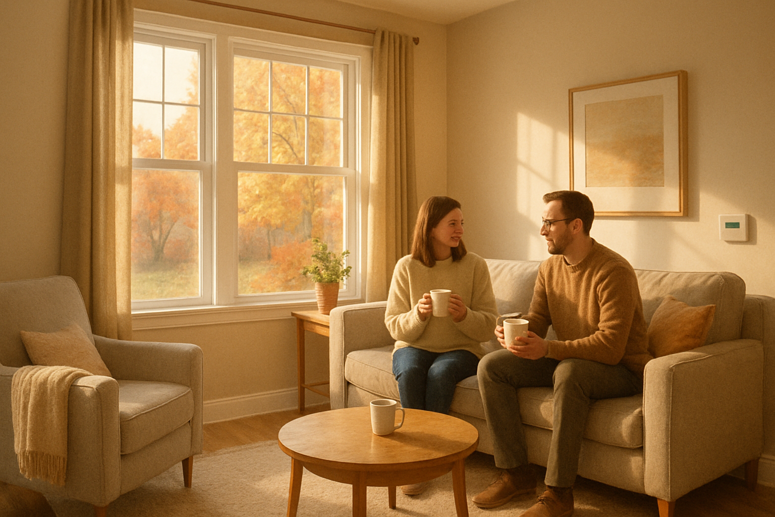 A cozy Dakota Minnesota living room in early September with soft morning light through the windows, a family drinking coffee near a thermostat, light sweaters on chairs, and subtle autumn colors outside